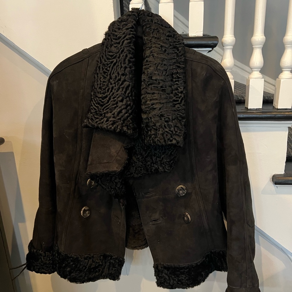 Black suede and lamb skin jacket back buckle double breasted